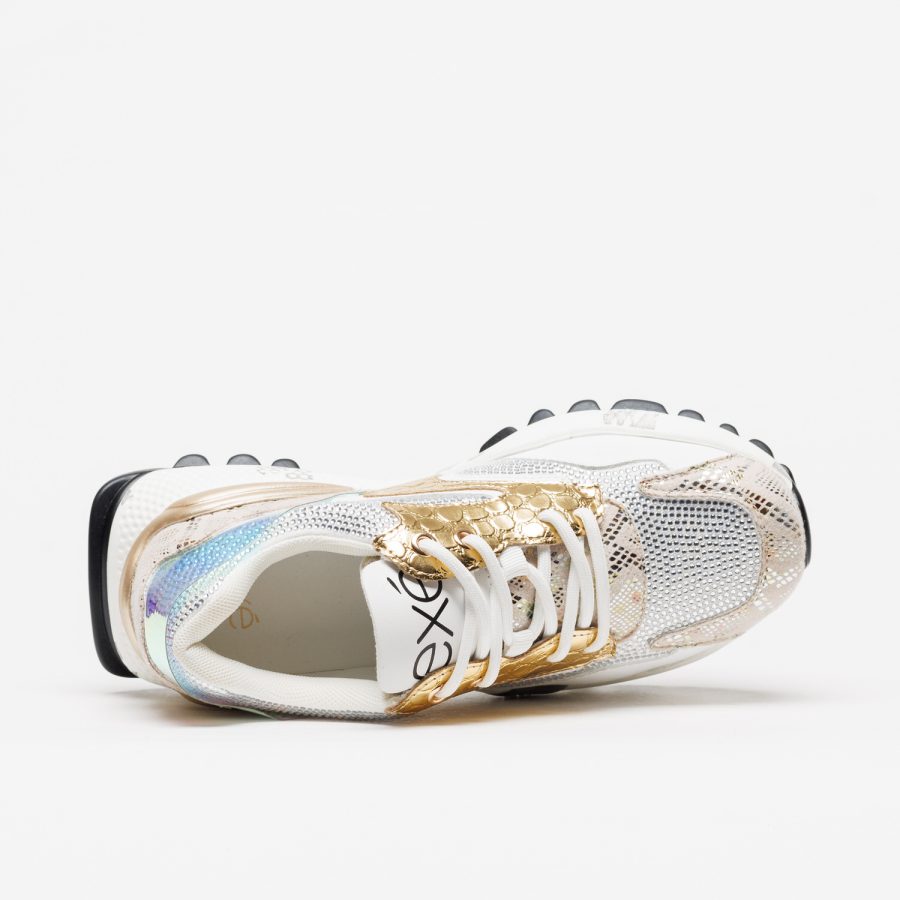 Sapatilhas Exé D190608-17I White/Gold ténis feminino branco com detalhes dourados e prateados