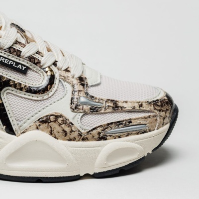 Ténis de senhora REPLAY com detalhe pele de cobra e sola alta branca