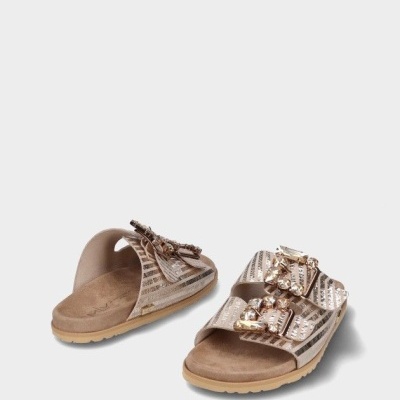 Sandálias femininas com tiras metálicas prateadas e enfeites dourados