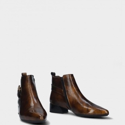 Botins castanhos em pele brilhante com salto baixo e bico pontiagudo