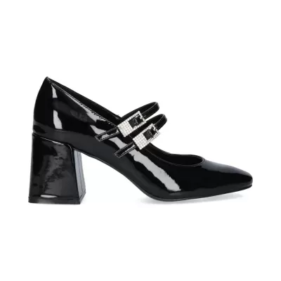 Sapato Mary Jane verniz preto com salto grosso e fivelas de strass