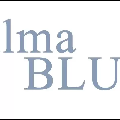 Texto 'Alma BLUE' em azul claro sobre fundo branco