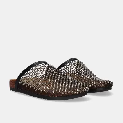 Sapatos mule metálicos com base de cortiça e malha prateada