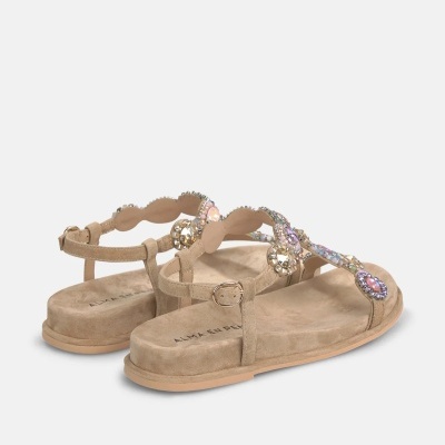 Sandálias bege em camurça com pedras brilhantes multicoloridas