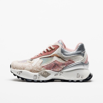 Ténis desportivo rosa, bege e prateado com sola branca e detalhes EXÉ