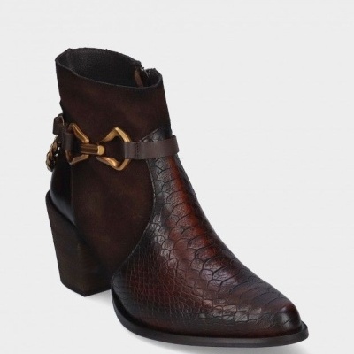 Bota de senhora castanha escura com salto quadrado e detalhes em pele imitando reptil