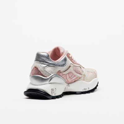 Ténis desportivo feminino rosa e prata com sola branca e preta