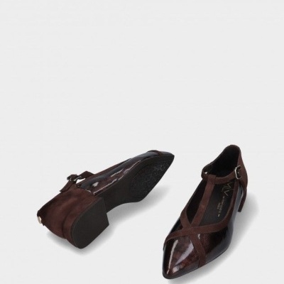 Sapatos femininos castanhos com salto médio e fecho de fivela