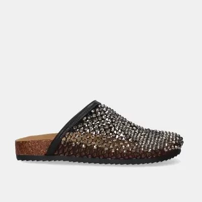 Chinelo preto com cristais brilhantes e sola de cortiça