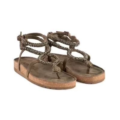 Sandálias castanhas com sola de cortiça e contas decorativas