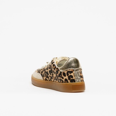 Ténis pele de leopardo com sola castanha e pormenor dourado e glitter