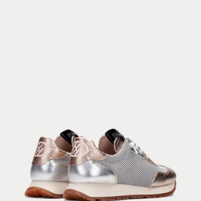 Sapatilhas femininas cinzento, rosa e prateado com sola castanha