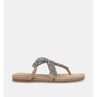 Chinelo feminino bege com pedras brilhantes coloridas