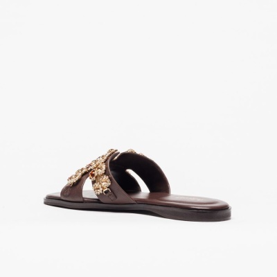 Chinelo castanho feminino com pedraria dourada em fundo branco