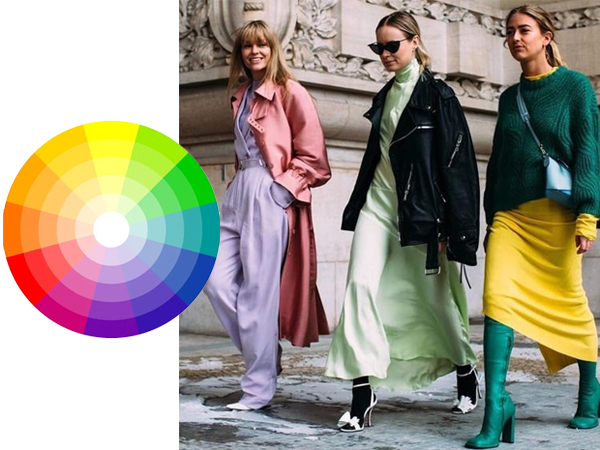 Três mulheres com roupas de inverno em cores pastel, preto, verde e amarelo com esquema de cores à esquerda