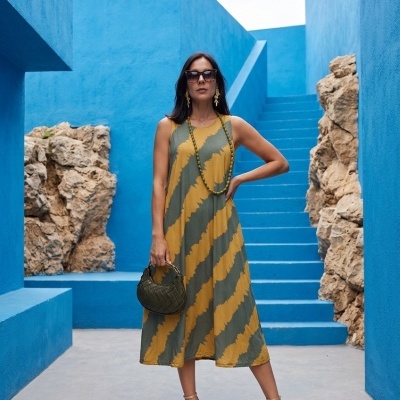 Mulher com vestido midi amarelo e verde, óculos escuros, mala verde, em ambiente exterior com escadas azuis.