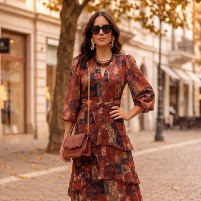 Mulher com vestido comprido estampado castanho com mala castanha e óculos de sol pretos
