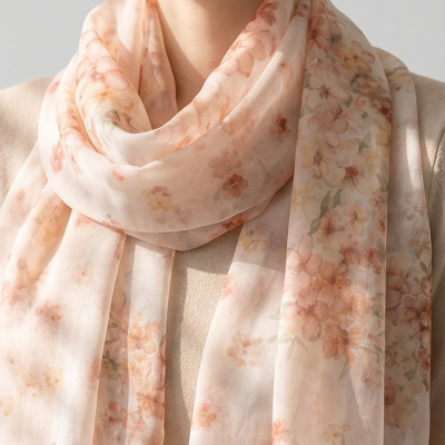 Lenço leve transparente com flores em tons suaves