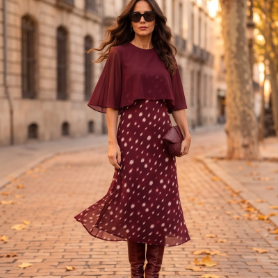 Mulher com vestido bordeaux de manchas claras, botas e carteira bordeaux, óculos escuros, em calçada de pedra com folhas secas