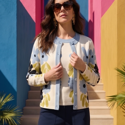 Casaco de malha floral azul, verde e preto em base creme com botões, mulher com óculos de sol, fundo colorido com escadas.