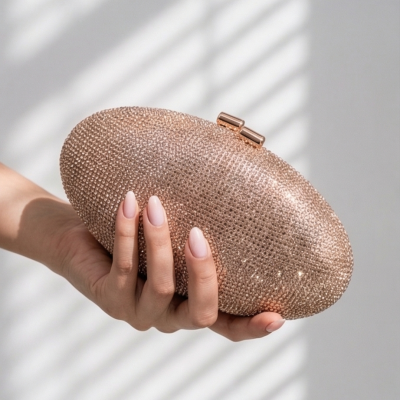 Mala de mão oval dourada com textura brilhante segurada por uma mão com unhas nude