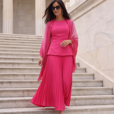 Mulher com vestido rosa com saia plissada e capa rosa em escadaria de mármore