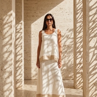 Mulher vestindo vestido branco e bege com óculos de sol e brincos em ambiente com mármore claro