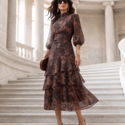 Mulher com vestido castanho de tecido translúcido com folhos, sandálias castanhas, carteira, óculos escuros, em escadaria de mármore branco