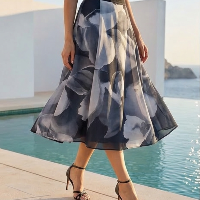 Saia midi floral cinza e preto com sandálias pretas junto a piscina