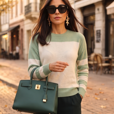 Mulher com camisola de malha verde e bege e mala de couro verde numa rua urbana
