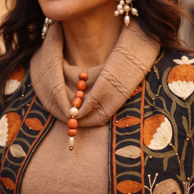 Colar de contas castanho e bege com camisola castanha e casaco estampado floral e brincos de pérolas
