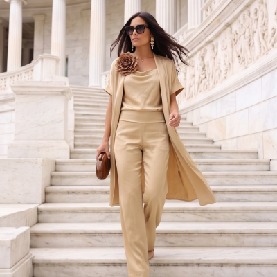 Conjunto feminino bege com colete longo, blusa drapeada, calças retas, acessórios elegantes em escadaria de mármore.