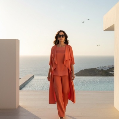 Mulher de conjunto laranja com vista para o mar a caminhar numa varanda