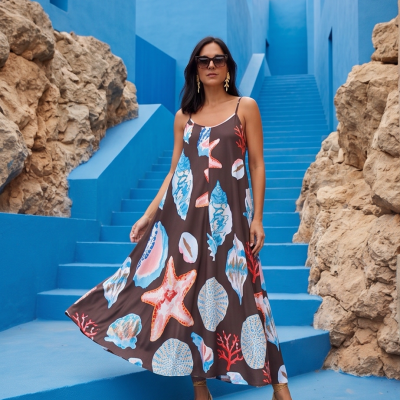 Vestido longo castanho com estampado de conchas, sandálias douradas e óculos escuros, em escadas azuis e rochas.