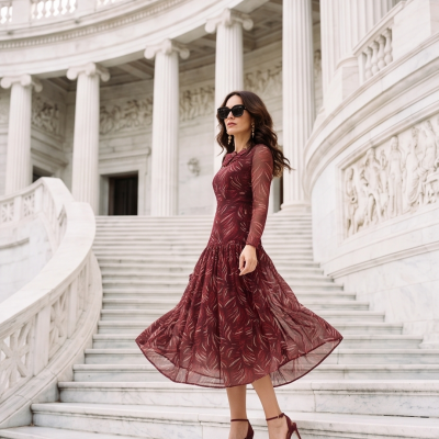Mulher com vestido bordô de padrão de folhas numa escadaria de mármore branco.