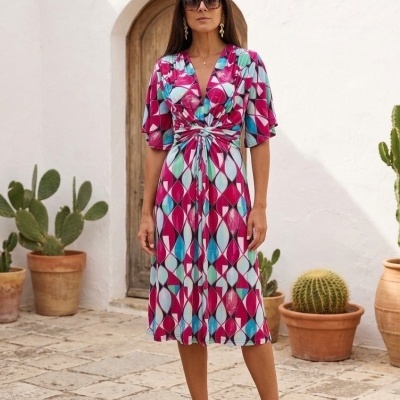 Vestido midi colorido com padrão geométrico e sandálias bege ao ar livre