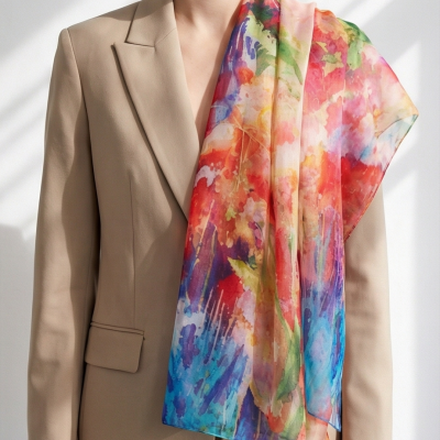 Lenço colorido sobre blazer bege