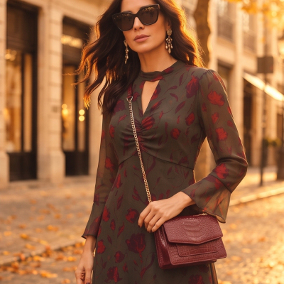 Mulher com vestido floral verde e vermelho, mala vinho texturizada, óculos escuros e brincos dourados numa rua urbana com folhas no chão.
