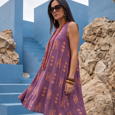 Vestido lilás com padrão de peixes e conchas, acessórios em madeira, óculos de sol, escadas azuis e rochas ao fundo