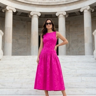 Mulher vestindo vestido rosa com padrão floral em escadaria de mármore
