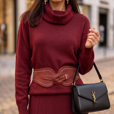 Conjunto de malha vermelha com cinto largo castanho e mala preta em couro com logo YSL