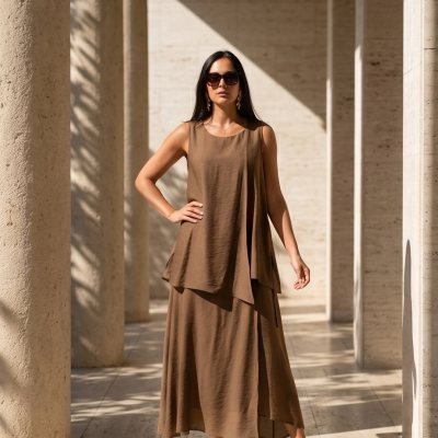 Mulher com vestido castanho longo e sandálias castanhas junto a colunas de pedra