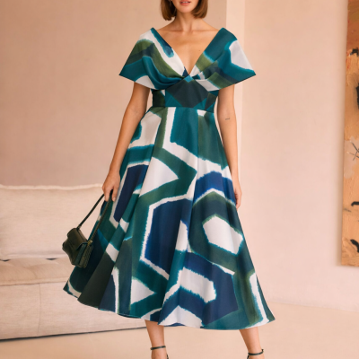 Mulher a usar vestido midi com padrão geométrico azul e verde, sandálias pretas, mala preta e óculos escuros