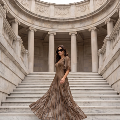Vestido comprido castanho com padrão leve e folhos nas mangas em escadaria de mármore clássico