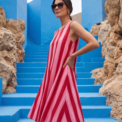 Vestido vermelho e rosa de riscas verticais e diagonais junto a escadaria azul e rochas