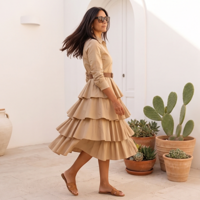 Mulher com vestido midi bege de camadas e sandálias castanhas numa varanda com plantas em vasos de barro