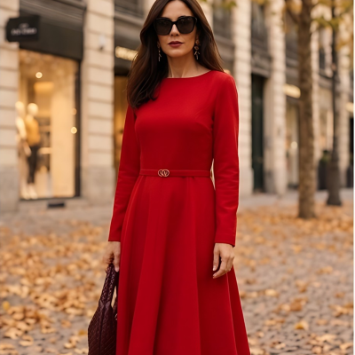 Mulher com vestido vermelho e óculos escuros na rua com folhas caídas.