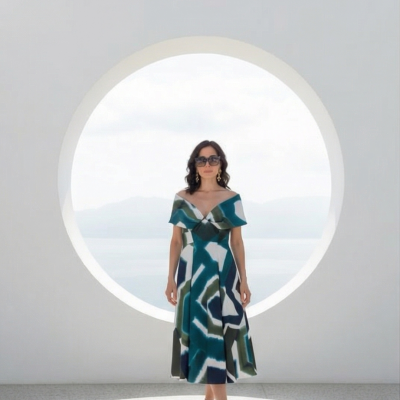 Mulher usando vestido midi colorido com padrão geométrico e óculos escuros em frente a janela circular