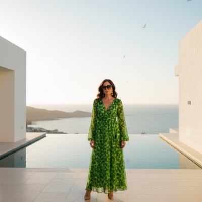 Mulher com vestido comprido verde com padrão abstrato, decote em V e mangas compridas num terraço com piscina e vista para o mar.