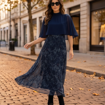 Vestido azul escuro comprido com padrão floral e mangas curtas largas